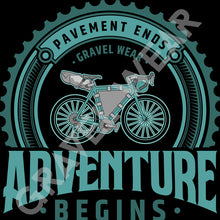 Load image into Gallery viewer, Gravel Ride Graphic T Shirt - Pavement Ends Adventure Begins bike design with lettering
