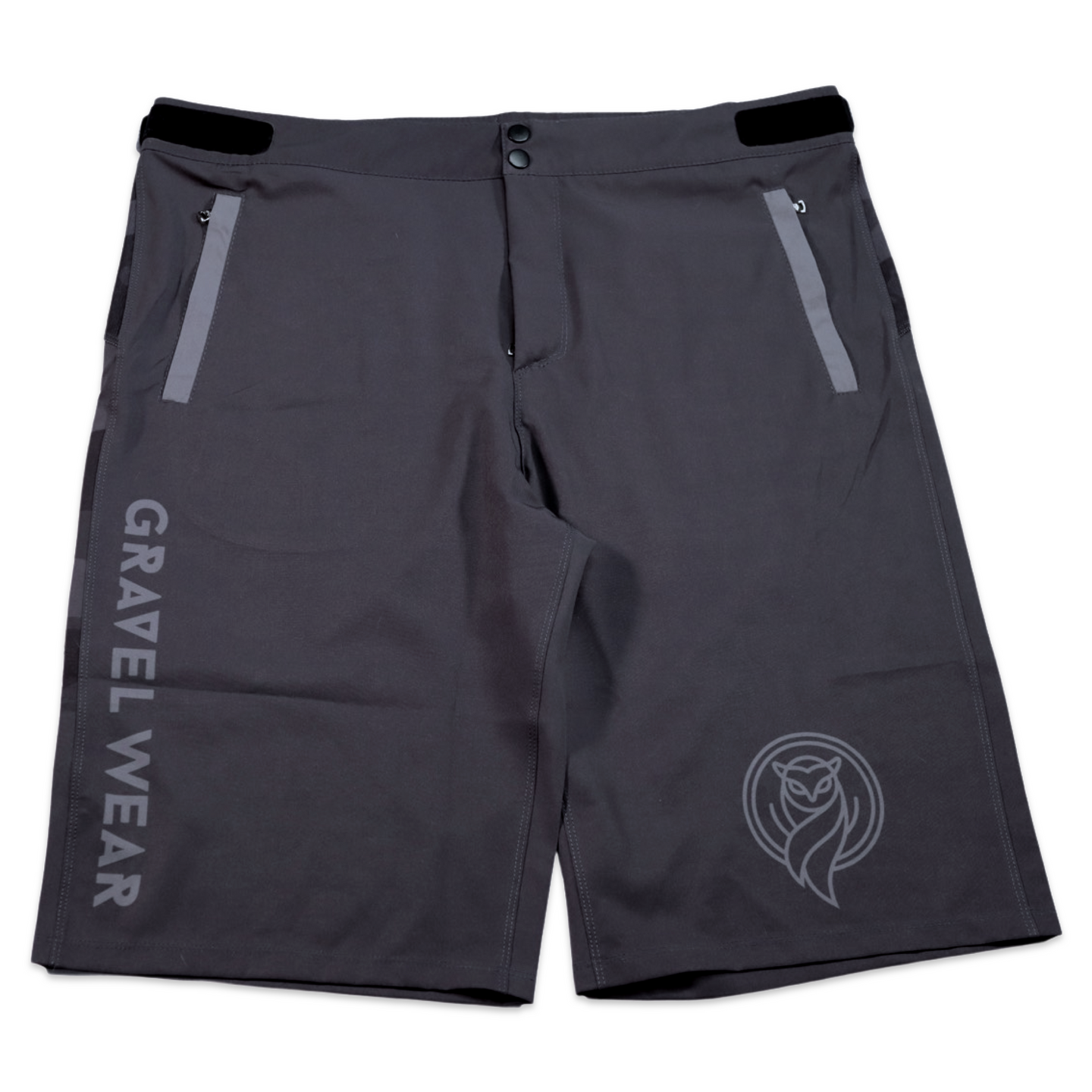 Gravel Ride Shorts Gray Camo front with logo design